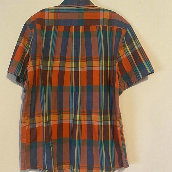 TOMMY Hilfiger Button Up Shirt Short Sleeve Orange Blue Plaid Checks Large - Picture 6 of 9